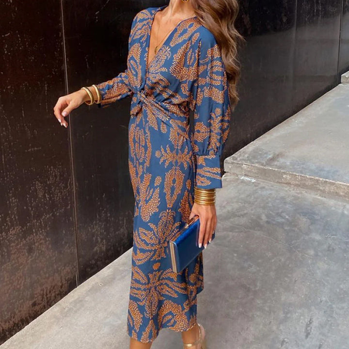Natalie - Women's Retro Draped Long Sleeve Dress