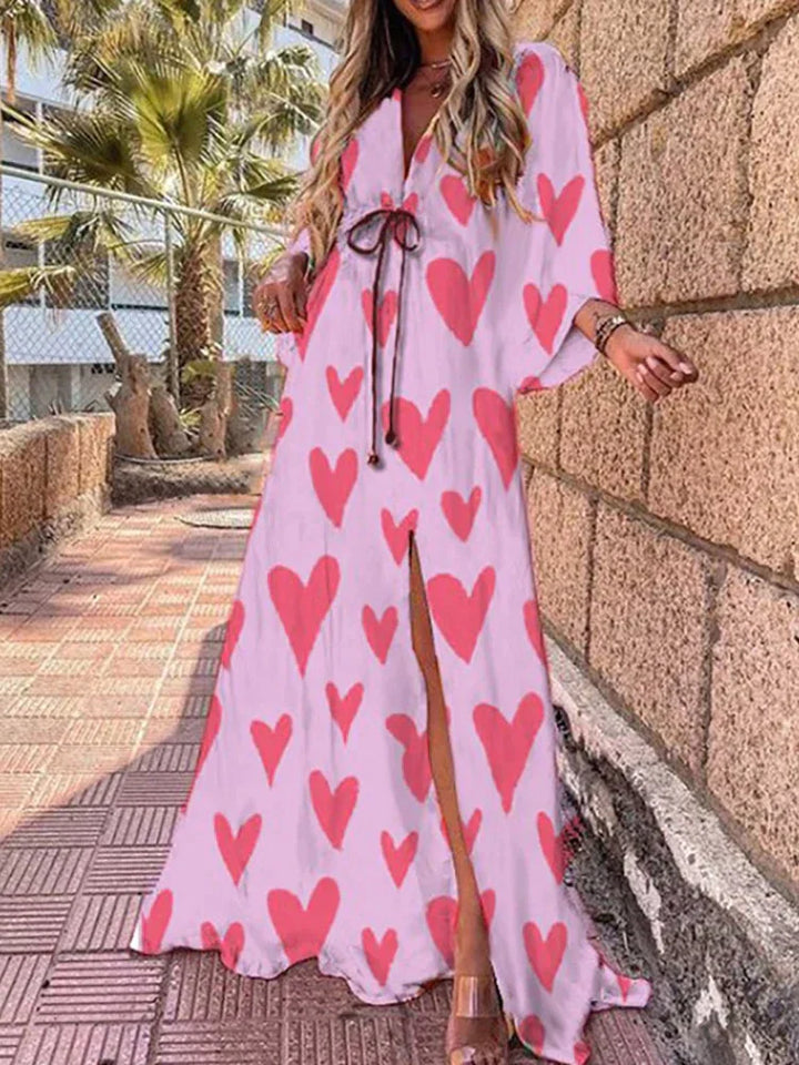 Harper - Elegant V-Neck Printed Hem Split Dress