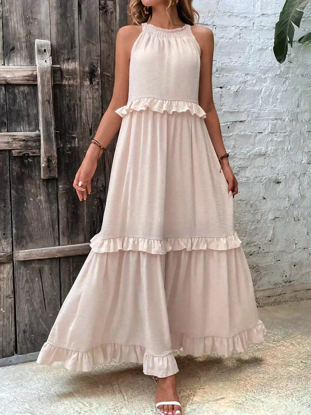 Delilah - Elegant Halter Neck Ruffle Trim Dress